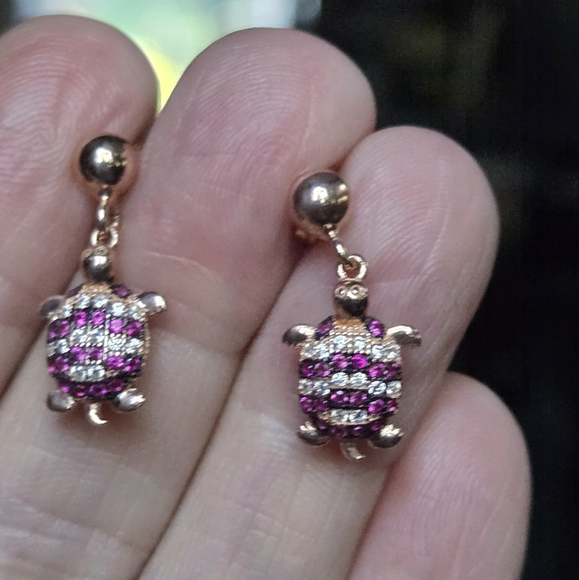 Ruby & white topaz Sterling & gold turtle earnings - Picture 8 of 13